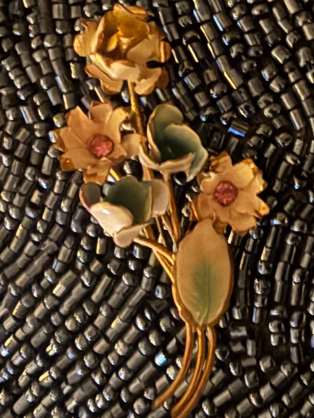 Vintage Austrian Gold-Tone Floral Enamel Brooch with Pink and Green Accents
